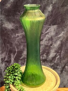 antique tall iridescent green vase; art nouveau green vase I believe it is Loetz